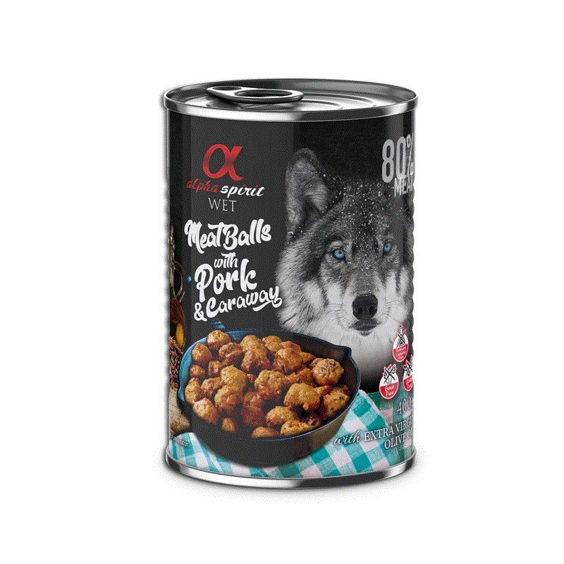 Comida húmida para cães Alpha Spirit Can Almôndegas de Porco e Alcaravia 400gr