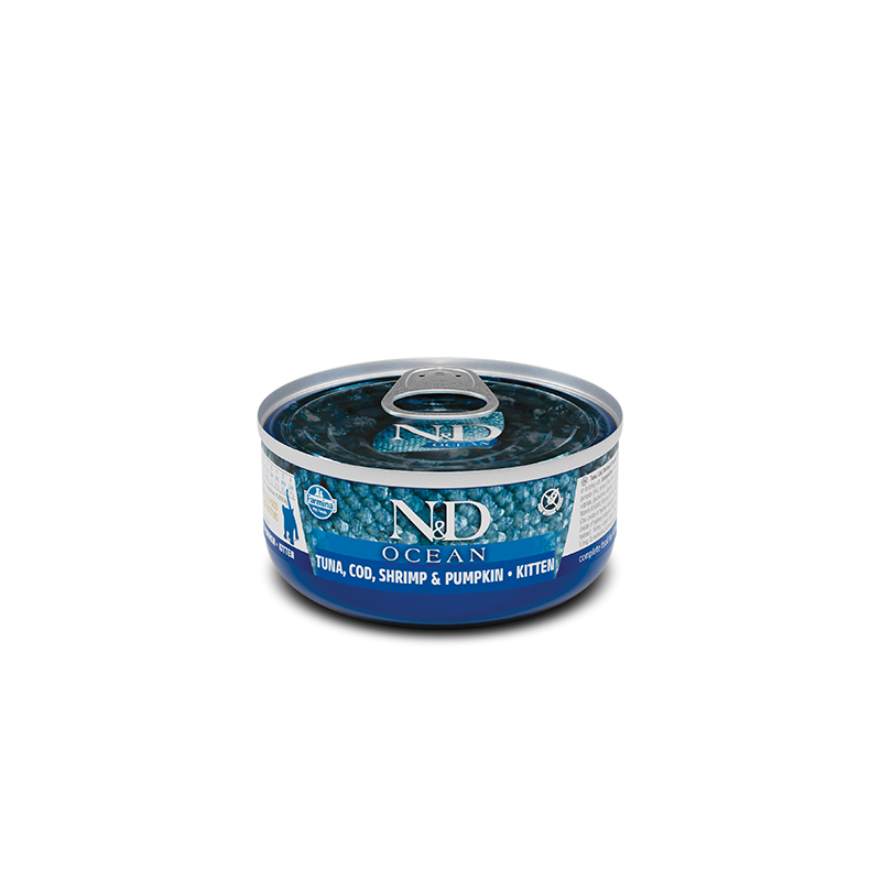 Farmina N&D Ocean Kitten Lata Atún, Bacalao, Gambas y Calabaza 70gr