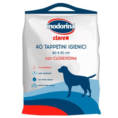 Inodorina Clorex. Almofadas de clorexidina para cães 60x90cm. 40 unidades