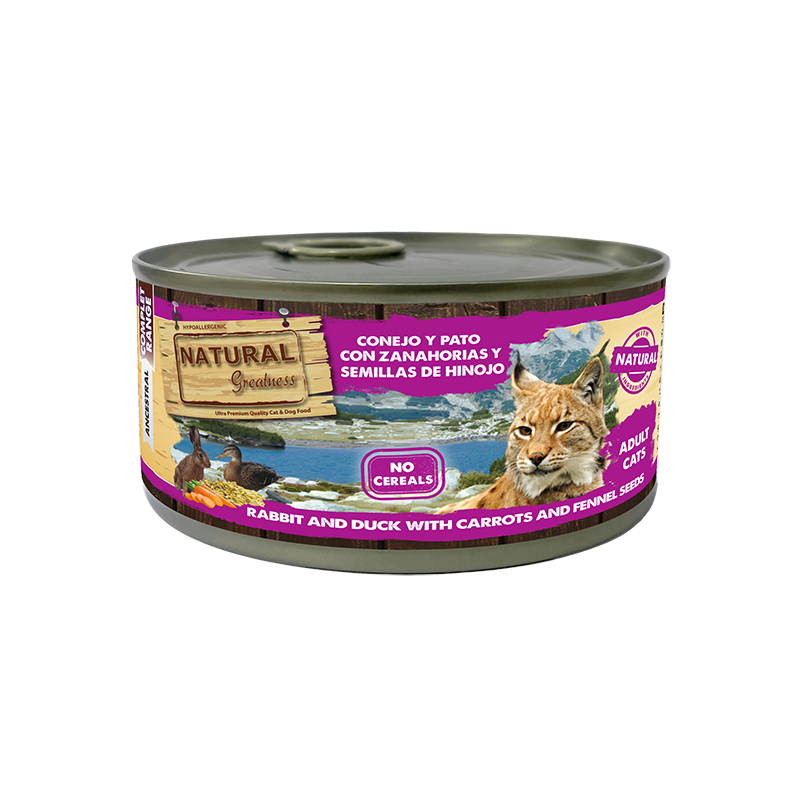 Natural Greatness Gato Lata Complet Coelho e pato com cenouras e sementes de funcho: