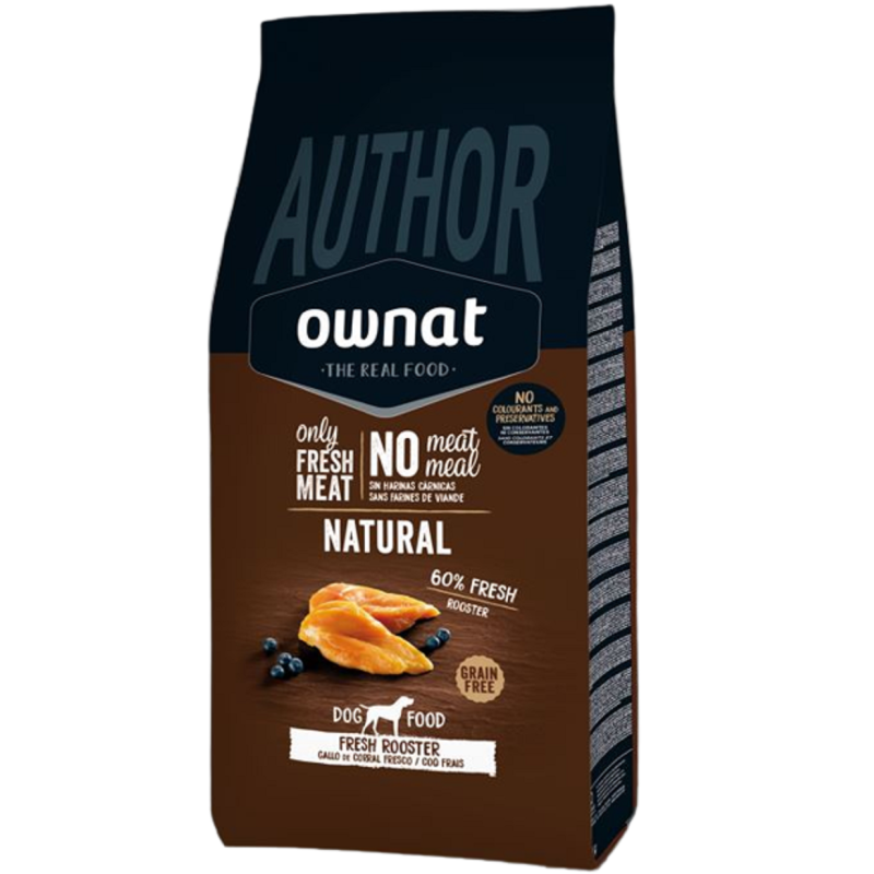 Ração sem grãos Ownat Author com galo ao ar livre fresco