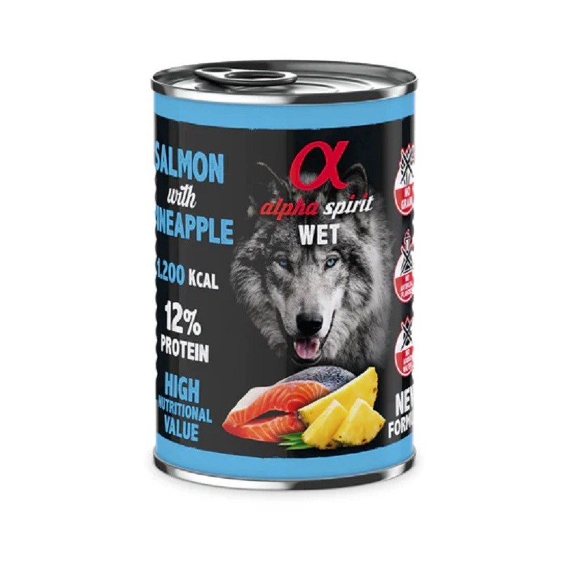 Alimento Húmido Alpha Spirit para cães sem cereais Lata Salmão com Ananás 400gr