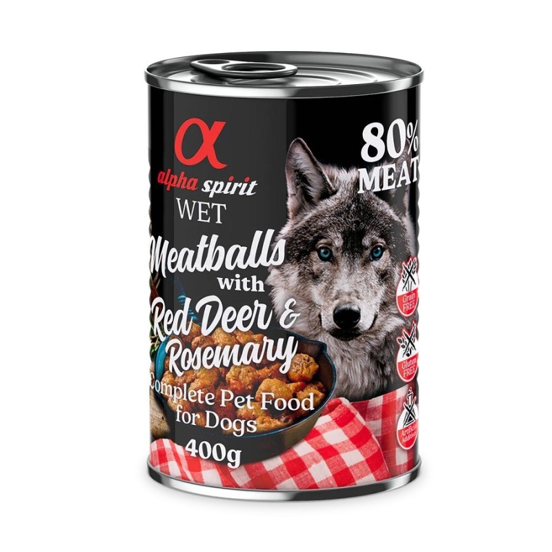 Lata de almôndegas de Cervo e Alecrim para cães Alpha Spirit 400gr