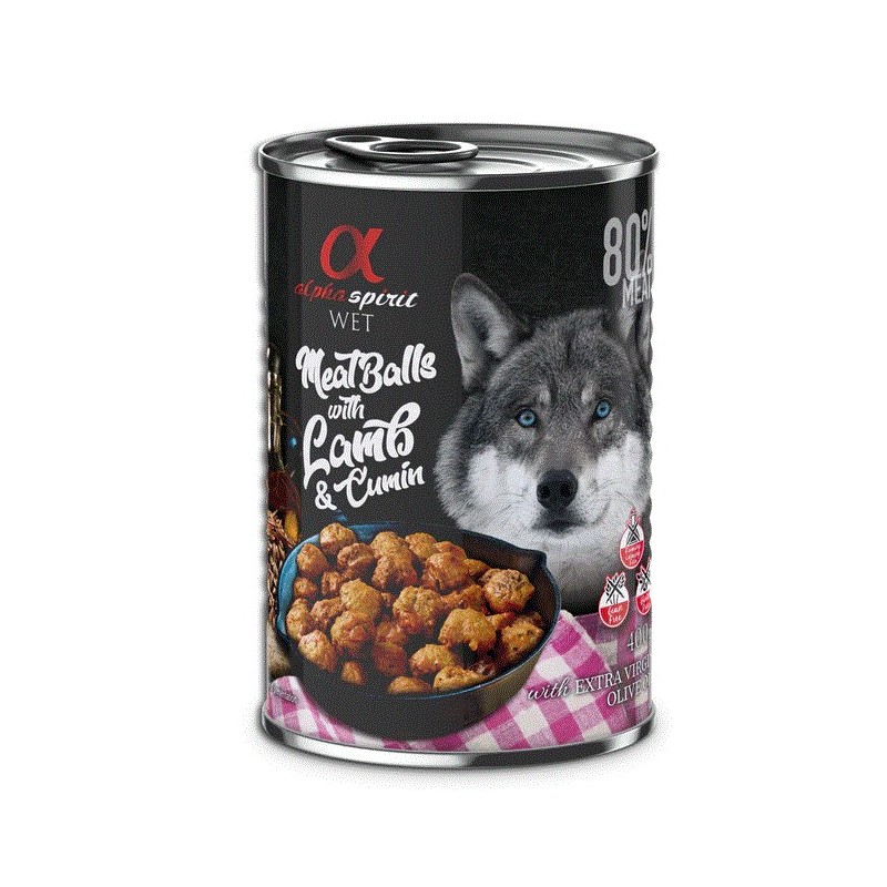 Almôndegas sem grãos Alpha Spirit para cães com cordeiro e cominho 400gr