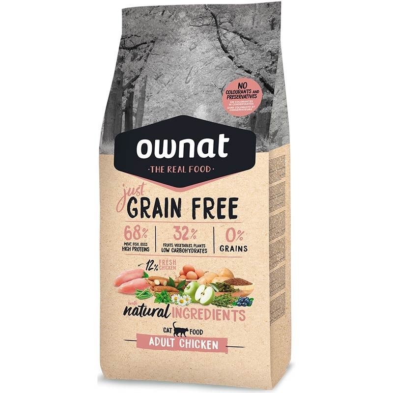 Alimento sem grãos Ownat para gatos adultos de qualquer raça e idade com frango fresco
