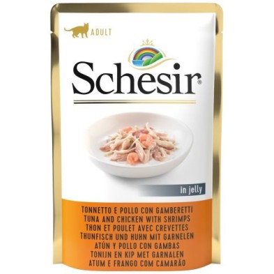 Pouch Schesir comida húmida para gatos 85 gr atum, frango e camarão