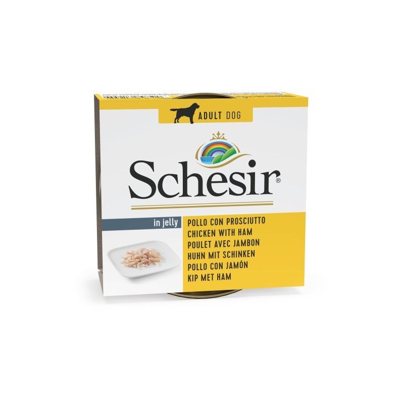 Lata para cães Schesir de frango com presunto em gelatina 150 gr