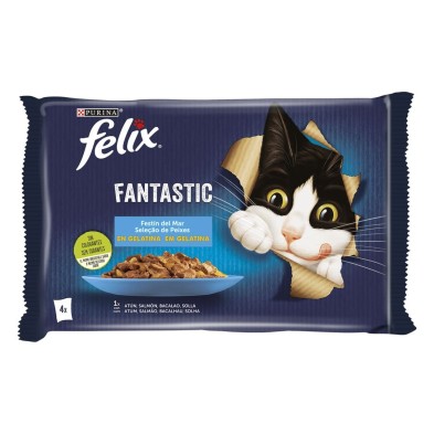 Felix Fantastic Saquetas de Gelatina para Gatos Festa do Mar com vários peixes