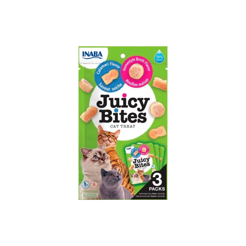 Petiscos para gatos Churu Juicy Bites Lula e caldo caseiro