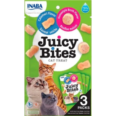Petiscos para gatos Churu Juicy Bites Lula e caldo caseiro