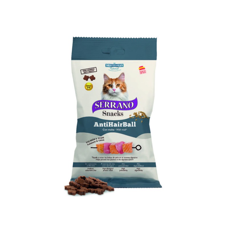Mediterranean Serrano Snacks Para Gatos Antihairball Salmon y Atun