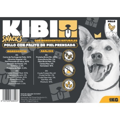 Kibi Palitos de Piel Prensada con Pollo M 1 Kg | Snack  para Perros