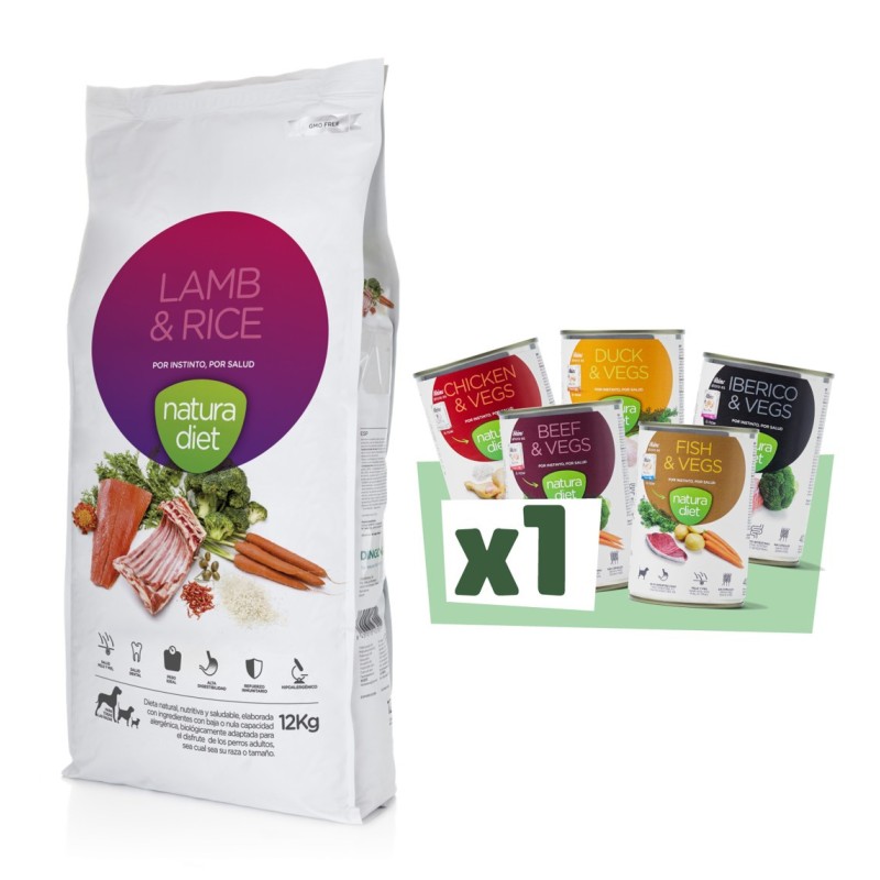 Raçâo Natura Diet sem cereais para cães com Cordeiro e Arroz