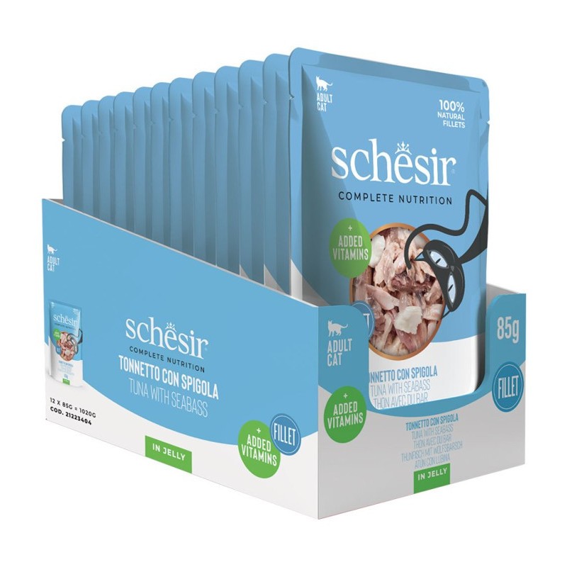 Bolsa de comida húmida Schesir para gatos atum com robalo. Pack de 20 x 85gr