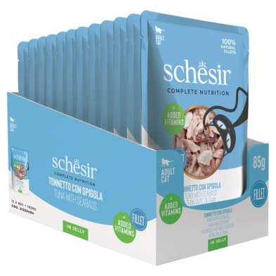 Bolsa de comida húmida Schesir para gatos atum com robalo. Pack de 20 x 85gr