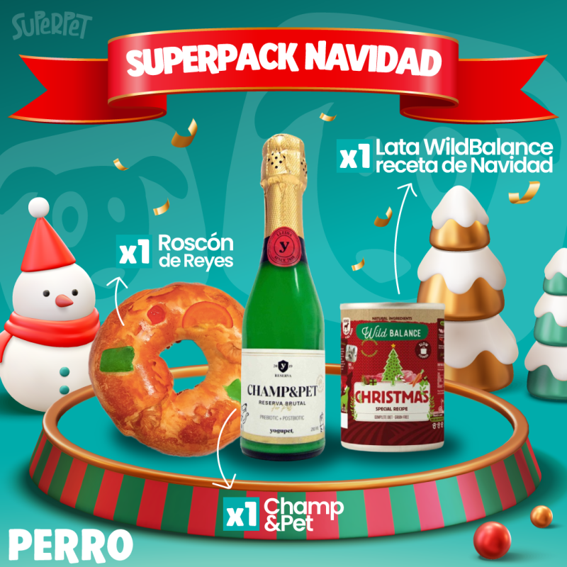 Pacote de Natal para cães com bolo, kefir e lata de comida cozinhada