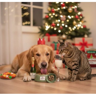 Pacote de Natal para cães com bolo, kefir e lata de comida cozinhada