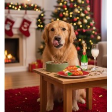 Pacote de Natal para cães com bolo, kefir e lata de comida cozinhada