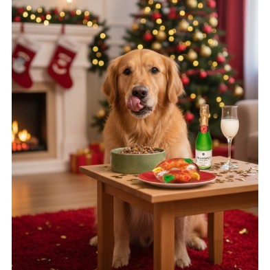 Pacote de Natal para cães com bolo, kefir e lata de comida cozinhada
