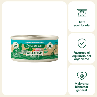 Wild Balance Gato Lata BARF cocinado al vapor PESCADO SALVAJE y PAVO con Verduras Frescas